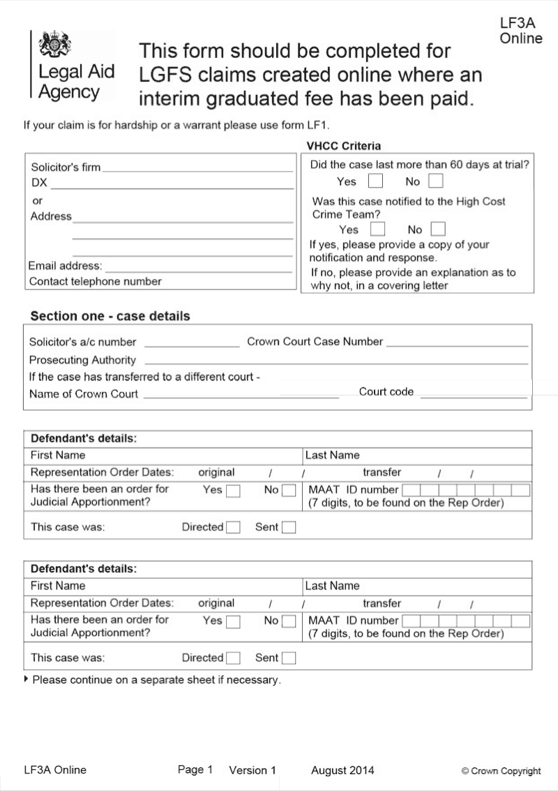 LF3A Online This form should be completed for LGFS claims created online where an interim graduated fee has been paid preview