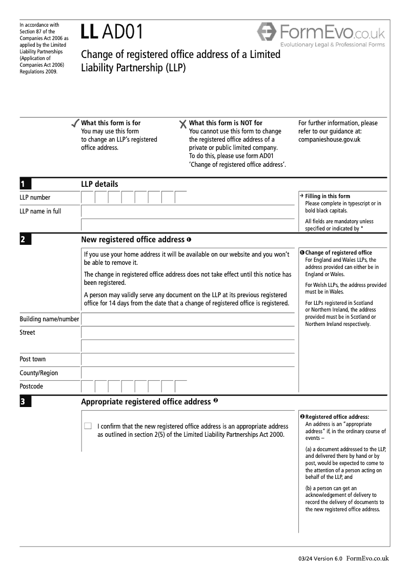 LL AD01 Change of registered office address of a Limited Liability Partnership LLP Section 87