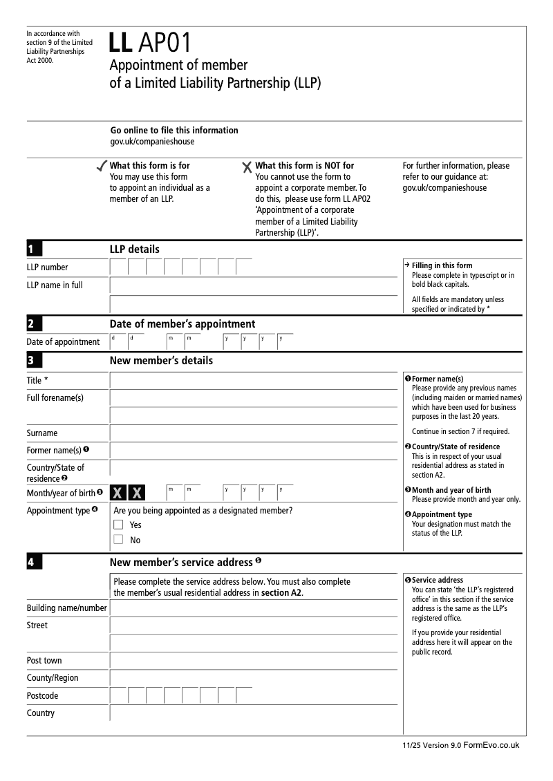LL AP01 P Appointment of member of a Limited Liability Partnership LLP preview