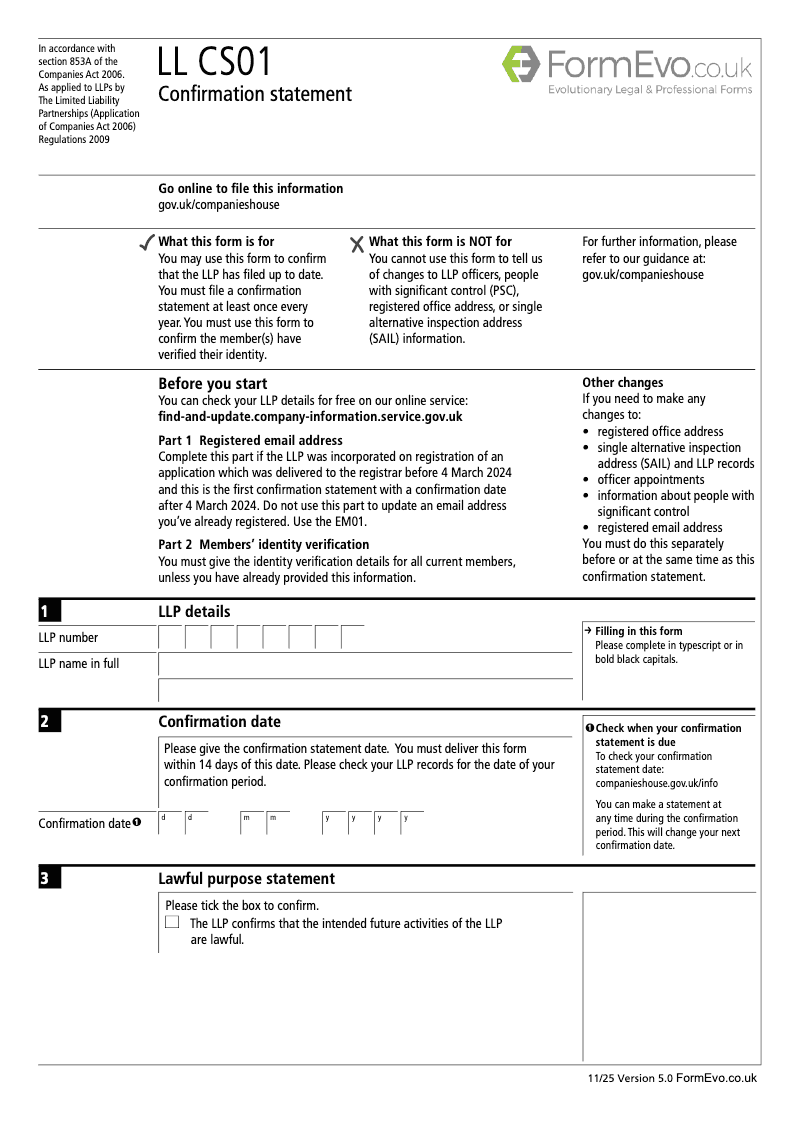 LL CS01 Confirmation statement Limited Liability Partnerships LLP Section 853A Companies Act 2006 preview