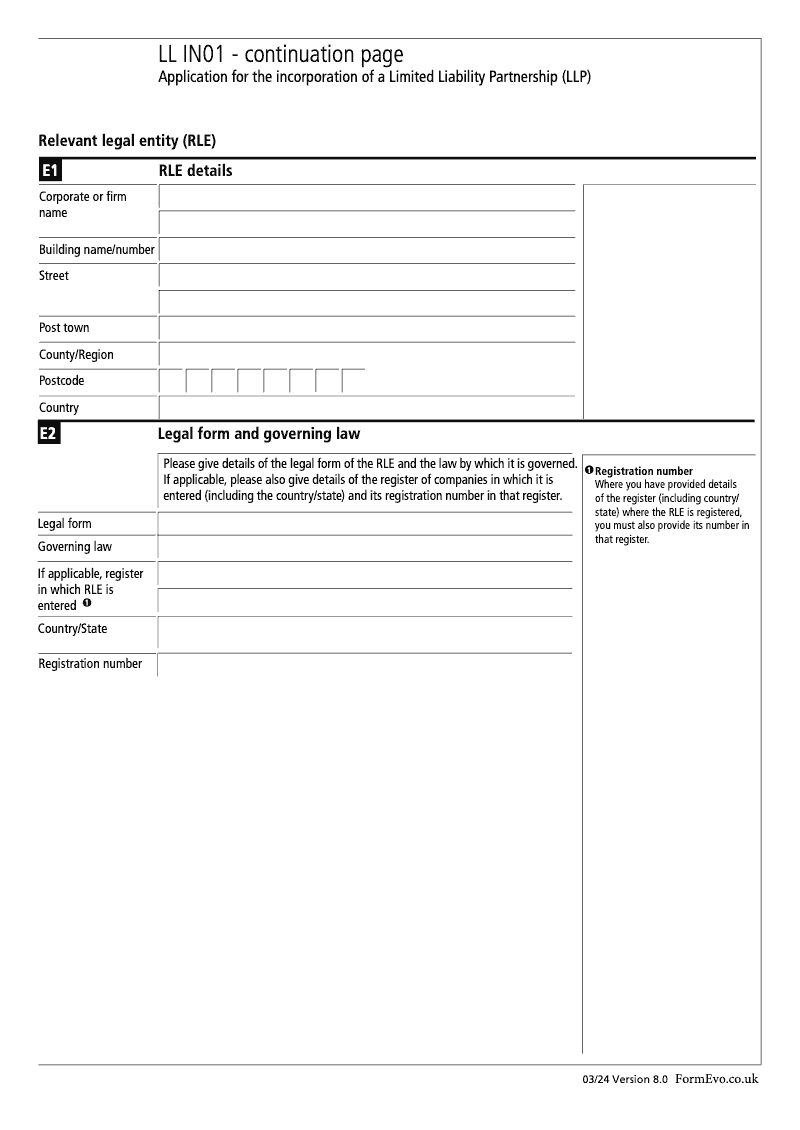 LL IN01 Continuation Page 4 Section E Relevant legal entity RLE continuation page LLIN01 Application for the incorporation of a Limited Liability Partnership LLP preview