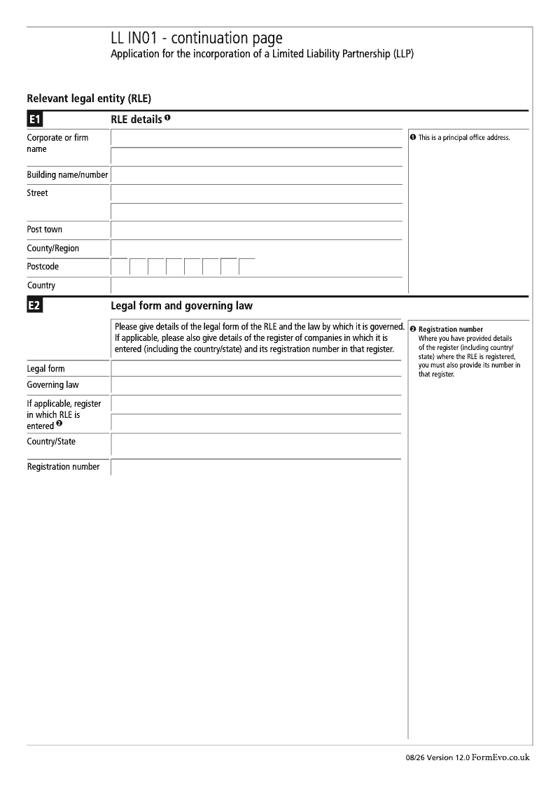LL IN01 Continuation Page 4 Section E Relevant legal entity RLE continuation page LLIN01 Application for the incorporation of a Limited Liability Partnership LLP preview