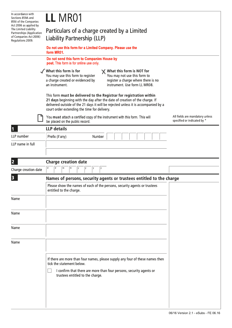 LL MR01 DLA Particulars of a charge created by a Limited Liability Partnership LLP Section 859A and 859J preview