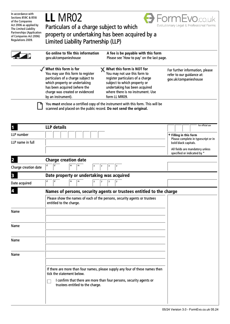 LL MR02 P Particulars of a charge subject to which property or undertaking has been acquired by a Limited Liability Partnership LLP Sections 859C 859J preview