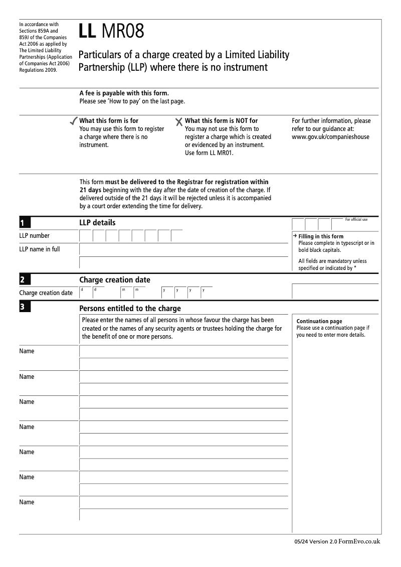 LL MR08 Particulars of a charge created by a Limited Liability Partnership LLP where there is no instrument Sections 859A and 859J preview