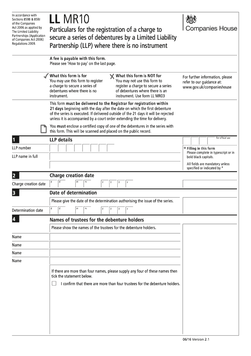 LL MR10 Particulars for the registration of a charge to secure a series of debentures by a Limited Liability Partnership LLP where there is no instrument Sections 859B 859J preview