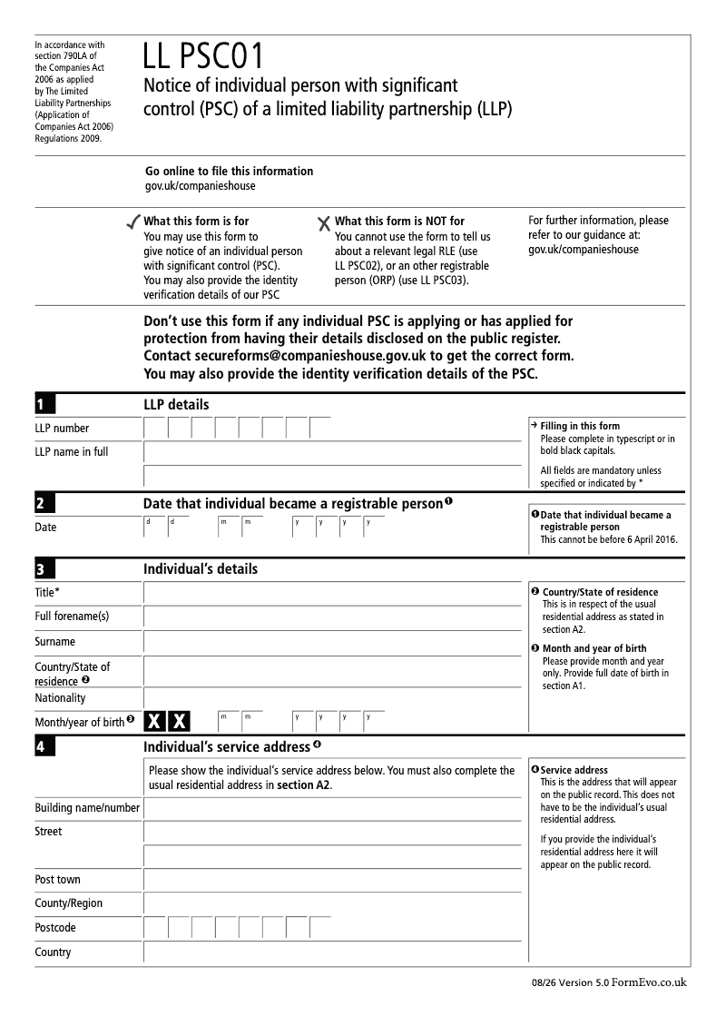 LL PSC01 Notice of individual person with significant control PSC of a limited liability partnership LLP Section 790K and 790ZA of the Companies Act 2006 preview