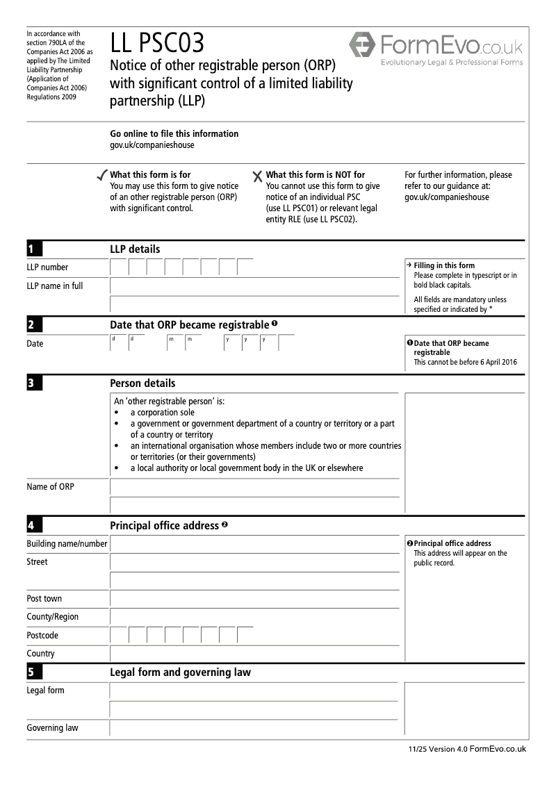 LL PSC03 Notice of other registrable person ORP with significant control of a limited liability partnership LLP Section 790K and 790ZA of the Companies Act 2006 preview