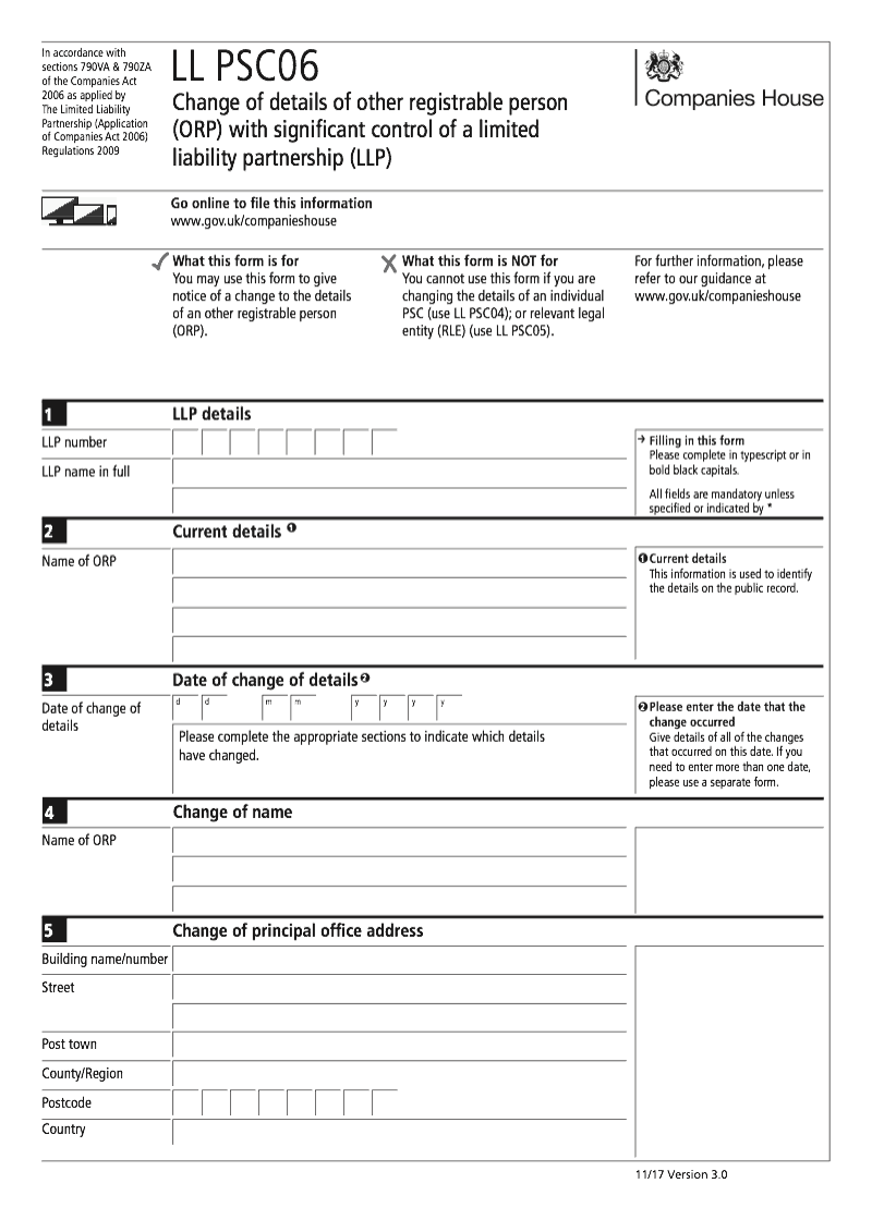 LL PSC06 Change of details of other registrable person ORP with significant control of a limited liability partnership LLP Section 790M and 790ZA of the Companies Act 2006 preview