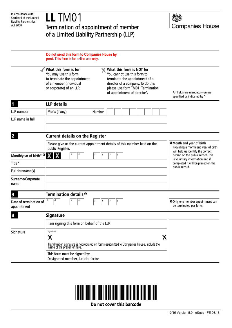 LL TM01 Termination of appointment of member of a Limited Liability Partnership LLP preview