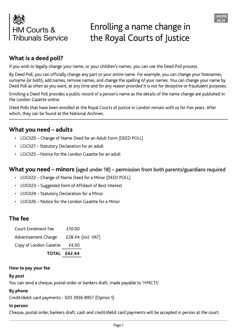 LOC019 Guidance notes Enrolling a name change in the Royal Courts of Justice Deed Poll preview