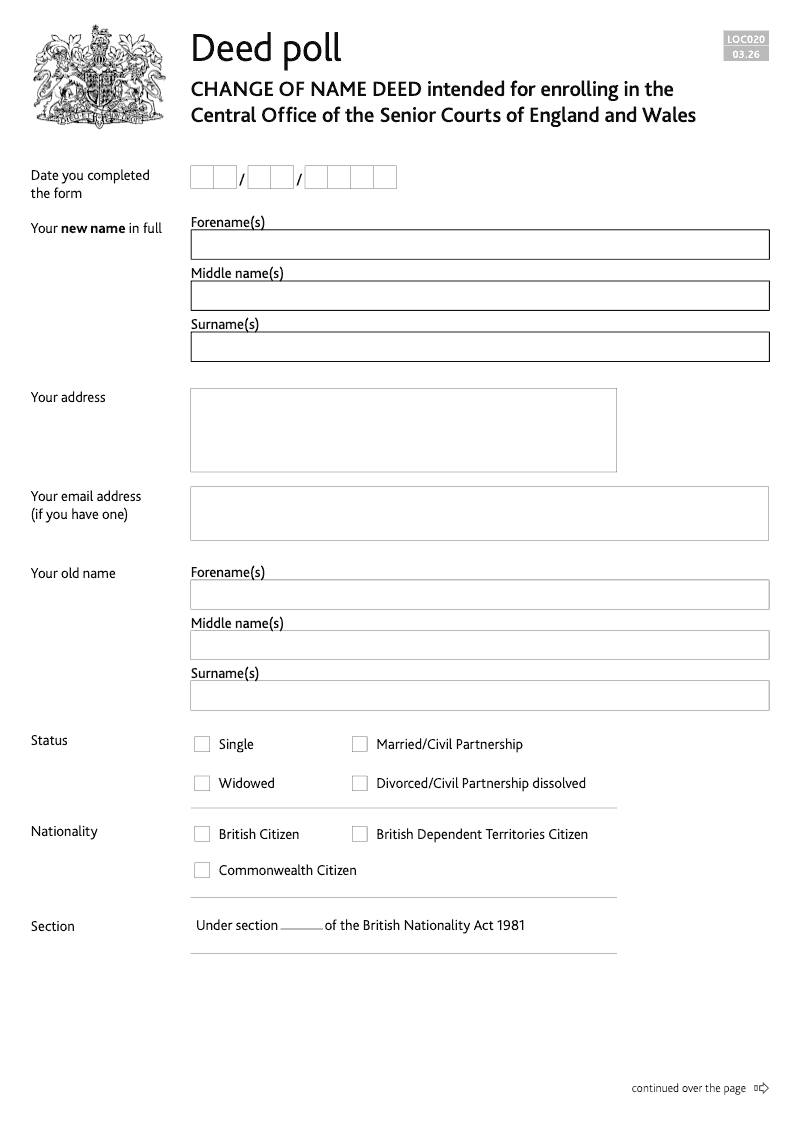 LOC020 Change of name deed intended for enrolling in the Central Office of the Senior Courts of England and Wales preview