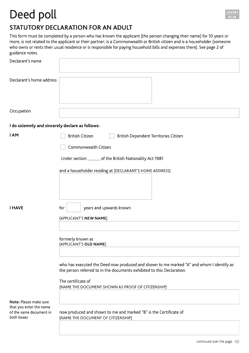 LOC021 Statutory declaration for an adult Deed Poll preview