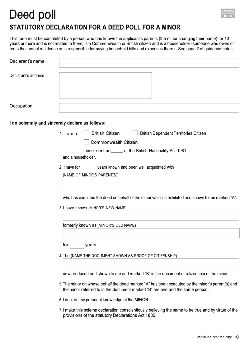 LOC024 Statutory declaration for a deed poll for a minor Deed Poll preview