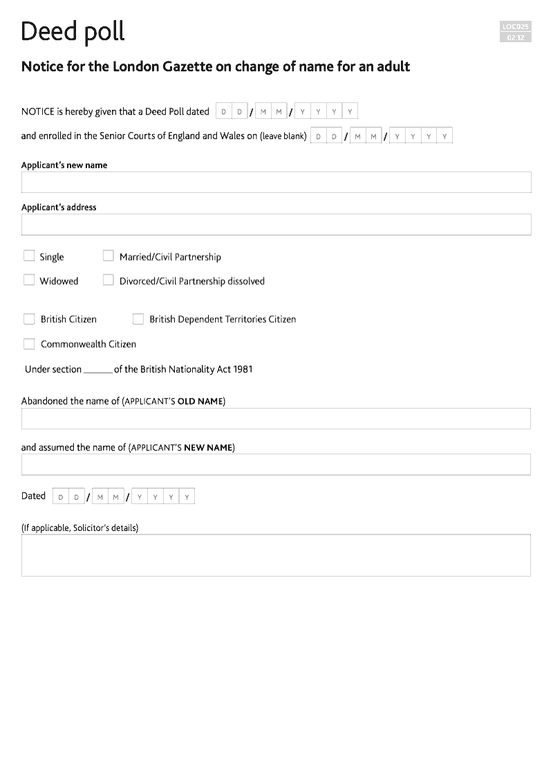 LOC025 Notice for the London Gazette on change of name for an adult Deed Poll preview