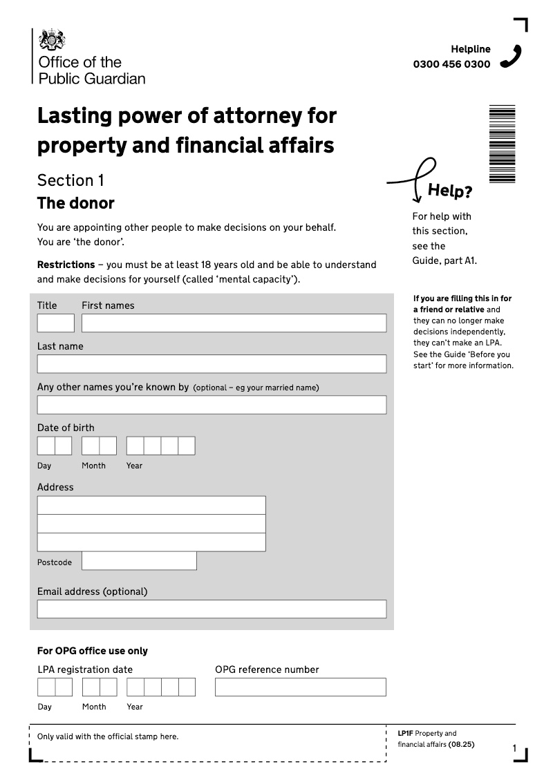 LP1F Lasting power of attorney financial decisions preview
