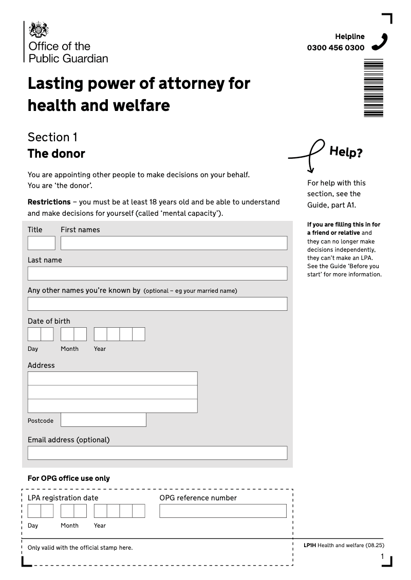 LP1HWF Lasting power of attorney health and care decisions preview