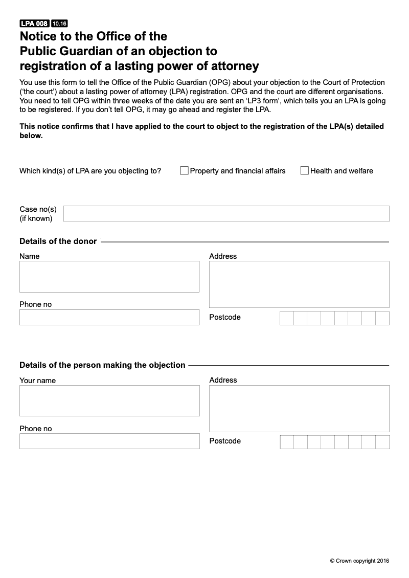 LPA 008 Notice to the Office of the Public Guardian of an application to object to registration of a lasting power of attorney made to the Court of Protection preview