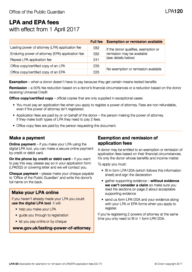 LPA 120 EPA and LPA Fees with effect from 1 April 2017 preview