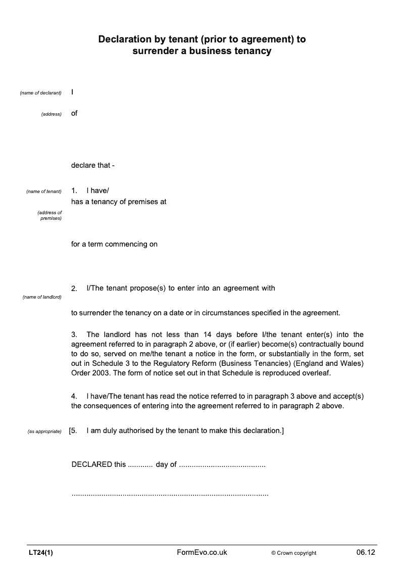 LT24 1 Declaration by tenant prior to agreement to surrender a business tenancy preview