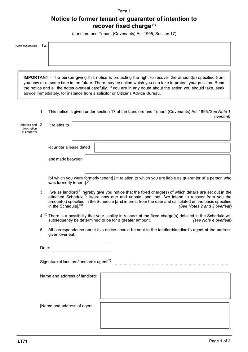 LT71 Notice to former tenant or guarantor of intention to recover fixed charge Landlord and Tenant Covenants Act 1995 Section 17 Form 1 preview