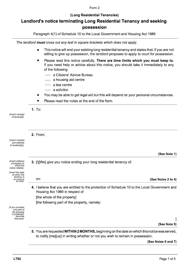 LT92 Landlord s notice terminating Long Residential Tenancy and seeking possession Local Government and Housing Act 1989 paragraph 4 1 of schedule 10 Form 2 preview