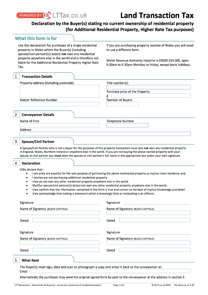 LTT Declaration Declaration by the Buyer s stating no current ownership of residential property in Wales Additional Residential Property Higher Rate Tax Land Transaction Tax preview