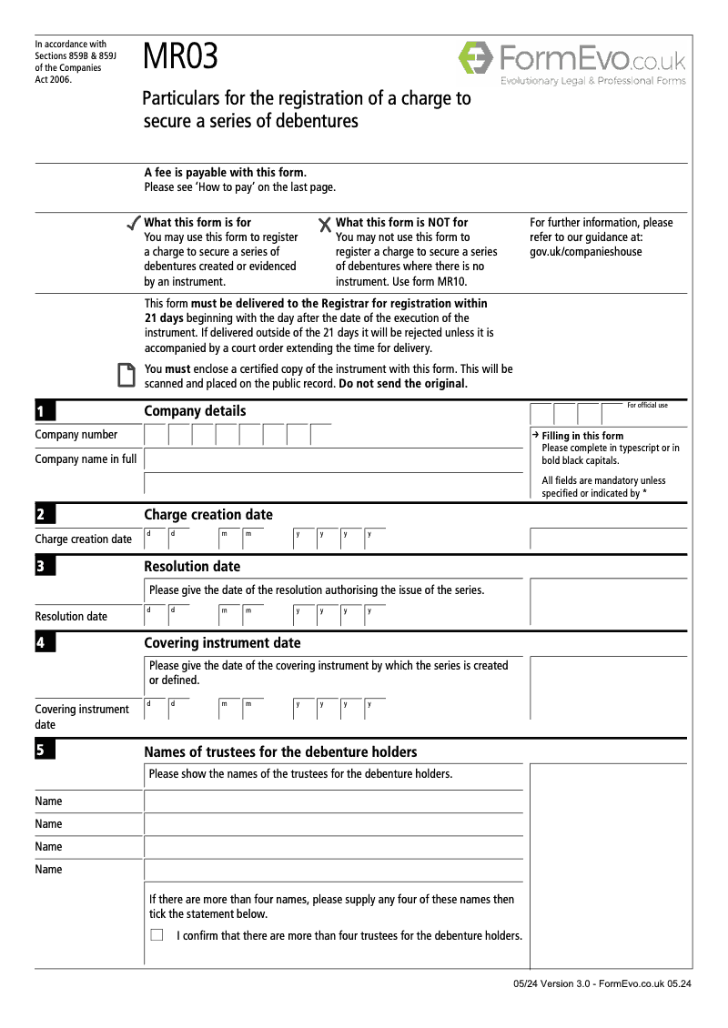 MR03 Particulars for the registration of a charge to secure a series of debentures Sections 859B 859J preview