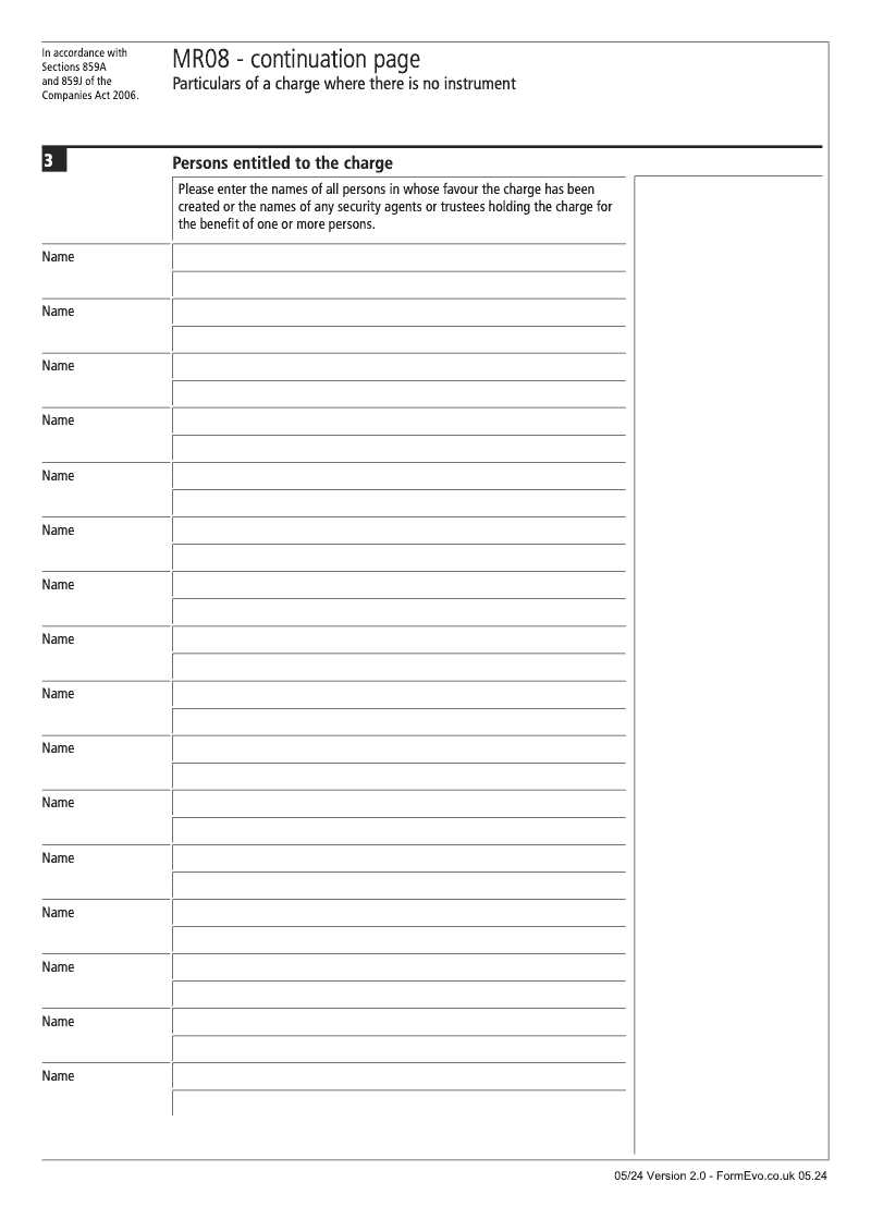 MR08 Continuation Page 1 Persons entitled to the charge continuation page MR08 Particulars of a charge where there is no instrument Section 859A and 859J preview