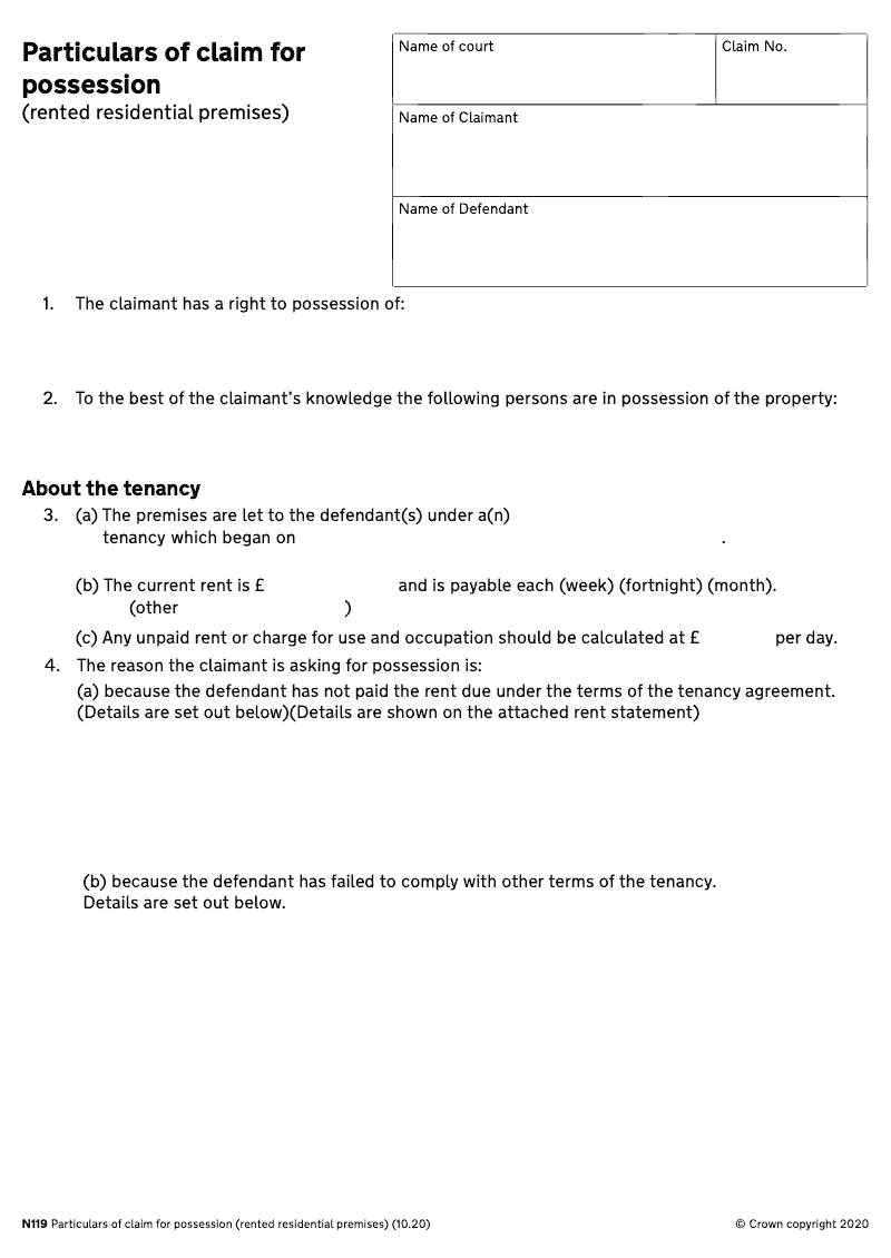 N119 Particulars of claim for possession rented residential premises preview