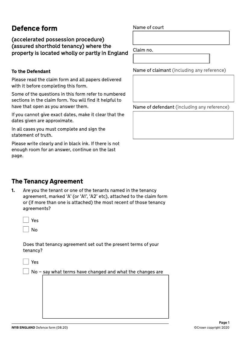 N11B England Defence form accelerated possession procedure assured shorthold tenancy where the property is located wholly or partly in England preview