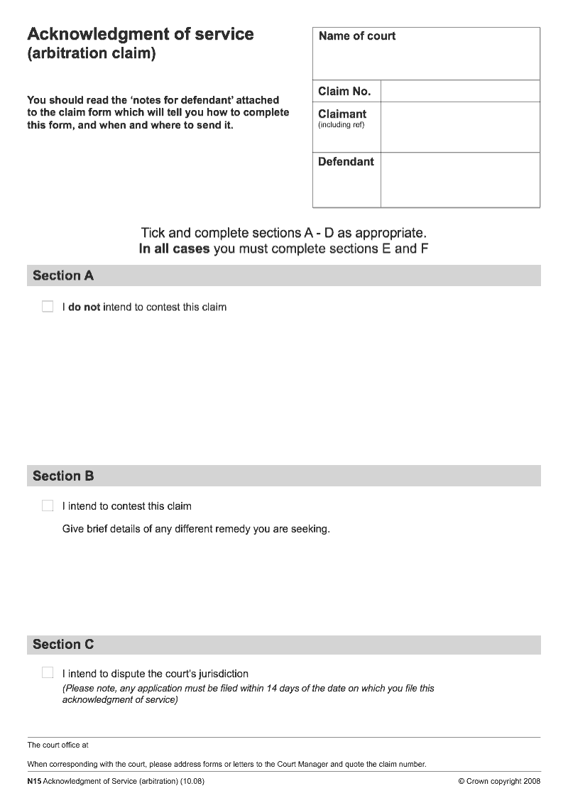 N15 Acknowledgement of service arbitration claim preview