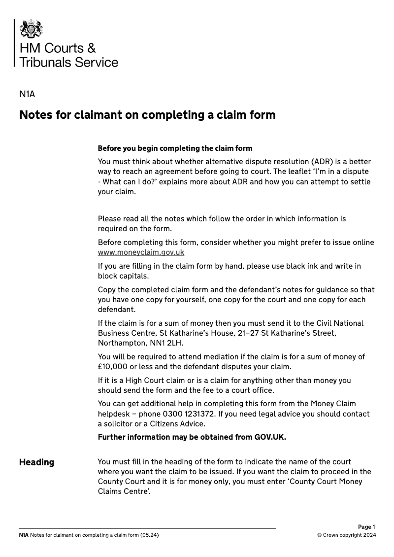 N1A Notes for claimant on completing a claim form preview
