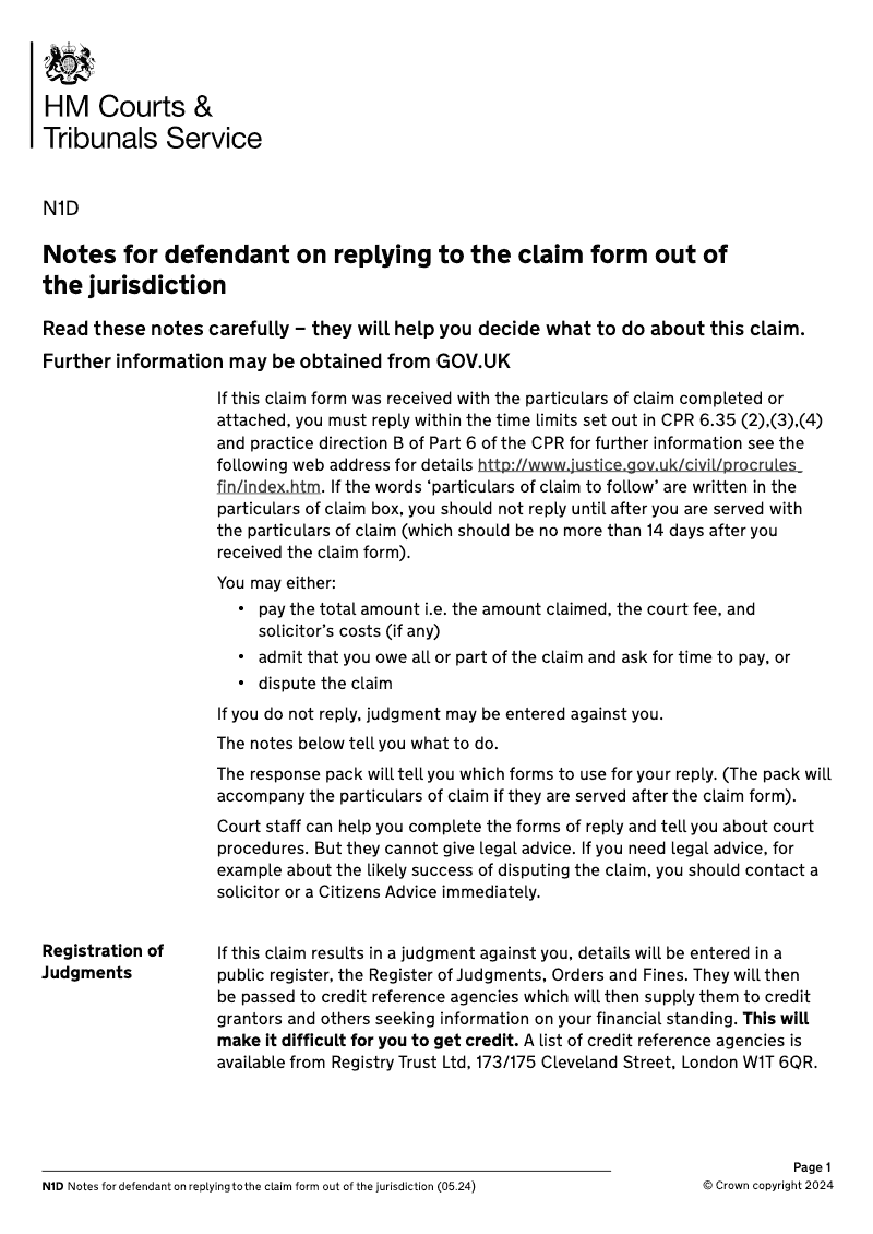 N1D Notes for defendant on replying to the claim form out of the jurisdiction preview