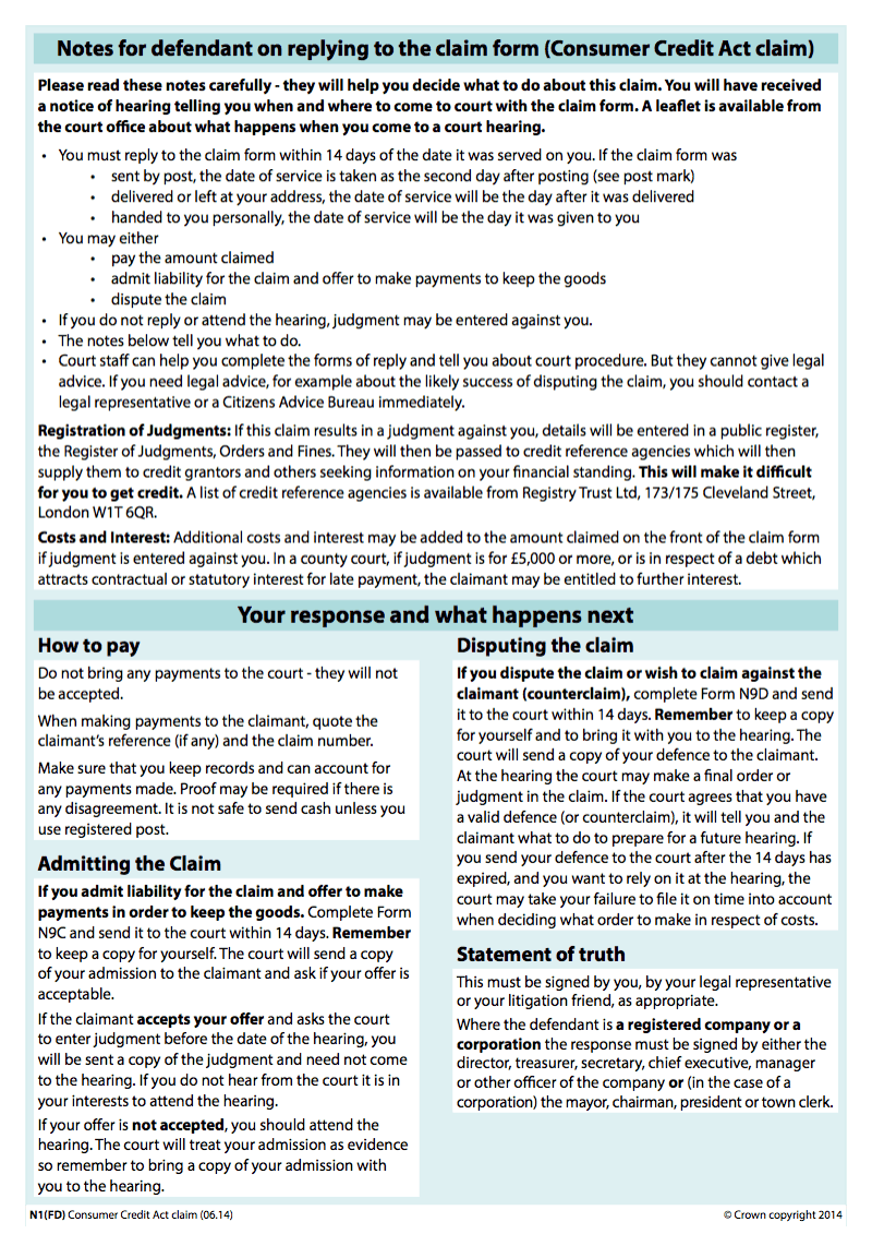 N1FD Notes for defendant on replying to the claim form Consumer Credit Act claim preview