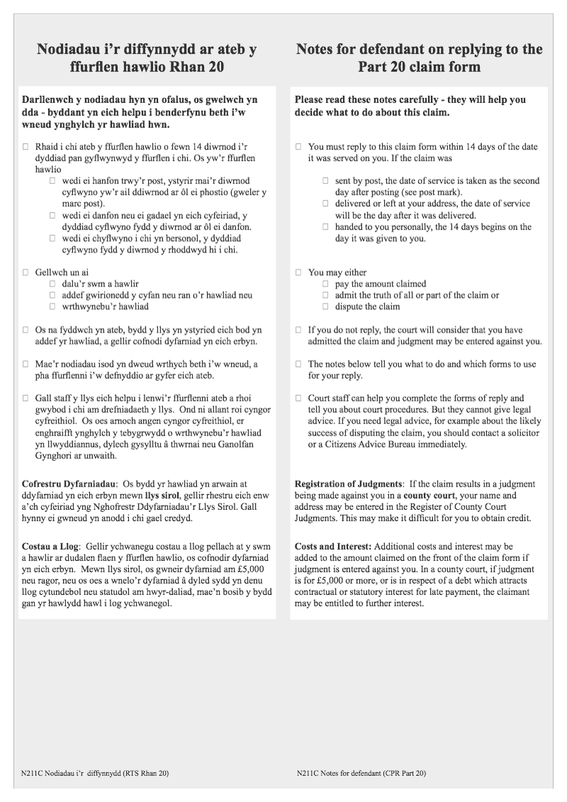 N211C Bil Nodiadau i r diffynnydd ar ateb y fflurflen hawlio Rhan 20 Notes for defendant on replying to the Part 20 claim form preview