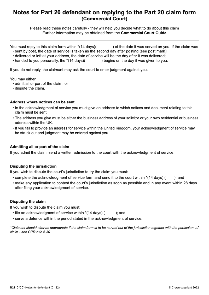 N211C CC Notes for Part 20 defendant on replying to the Part 20 claim form Commercial Court