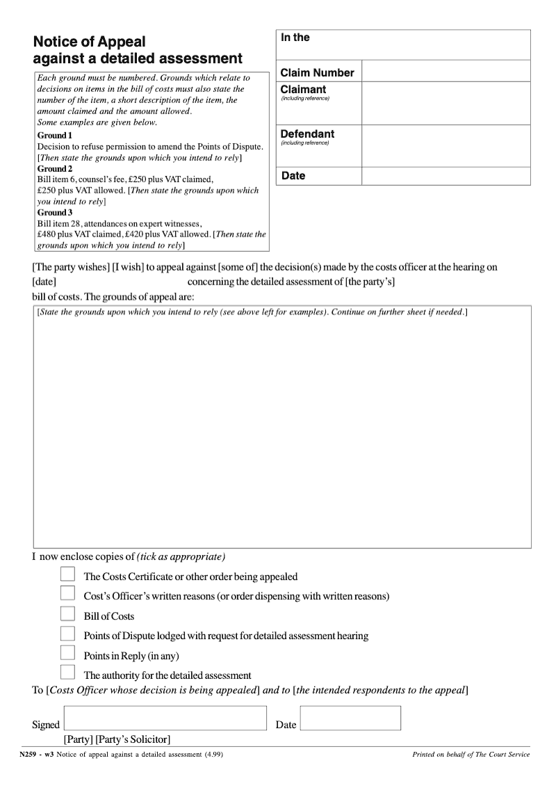 N259 Notice of appeal against a detailed assessment preview