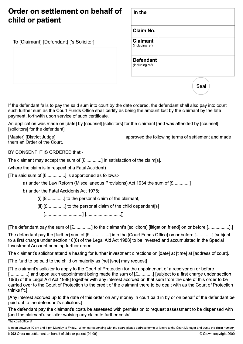 N292 Order on settlement on behalf of child or patient preview