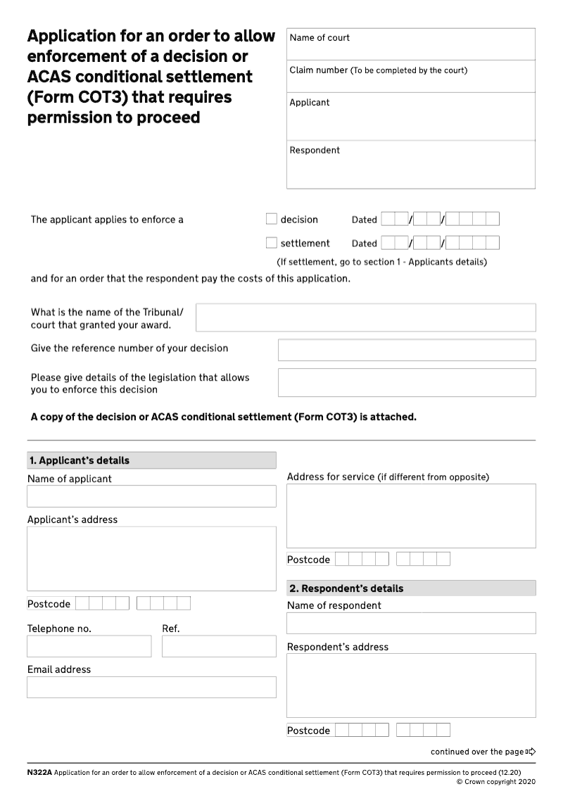 N322A Application for an order to allow enforcement of a decision or ACAS conditional settlement Form COT3 that requires permission to proceed preview