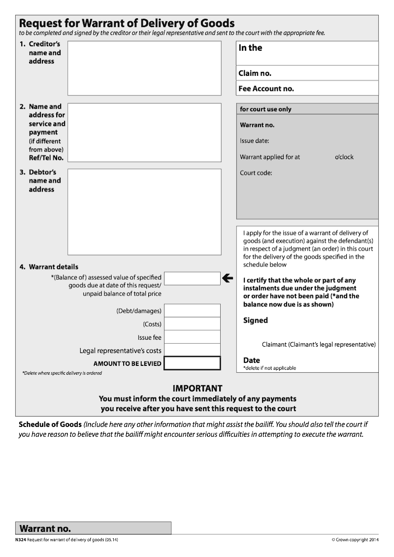N324 Request for Warrant of delivery of goods preview