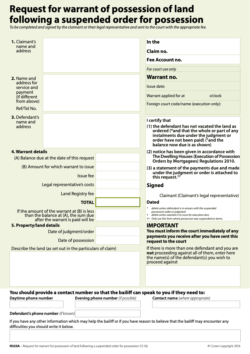 N325A Request for warrant of possession of land following a suspended order for possession preview