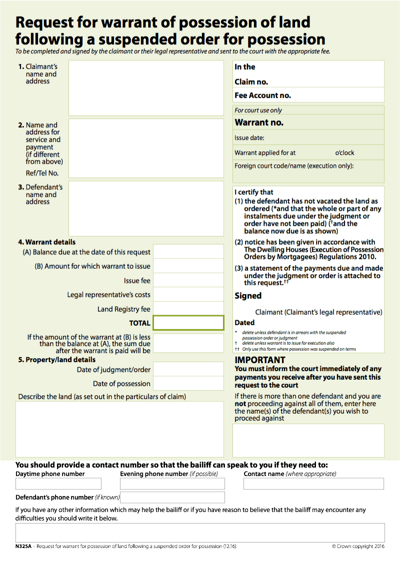 N325A Request For Warrant Of Possession Of Land Following A Suspended