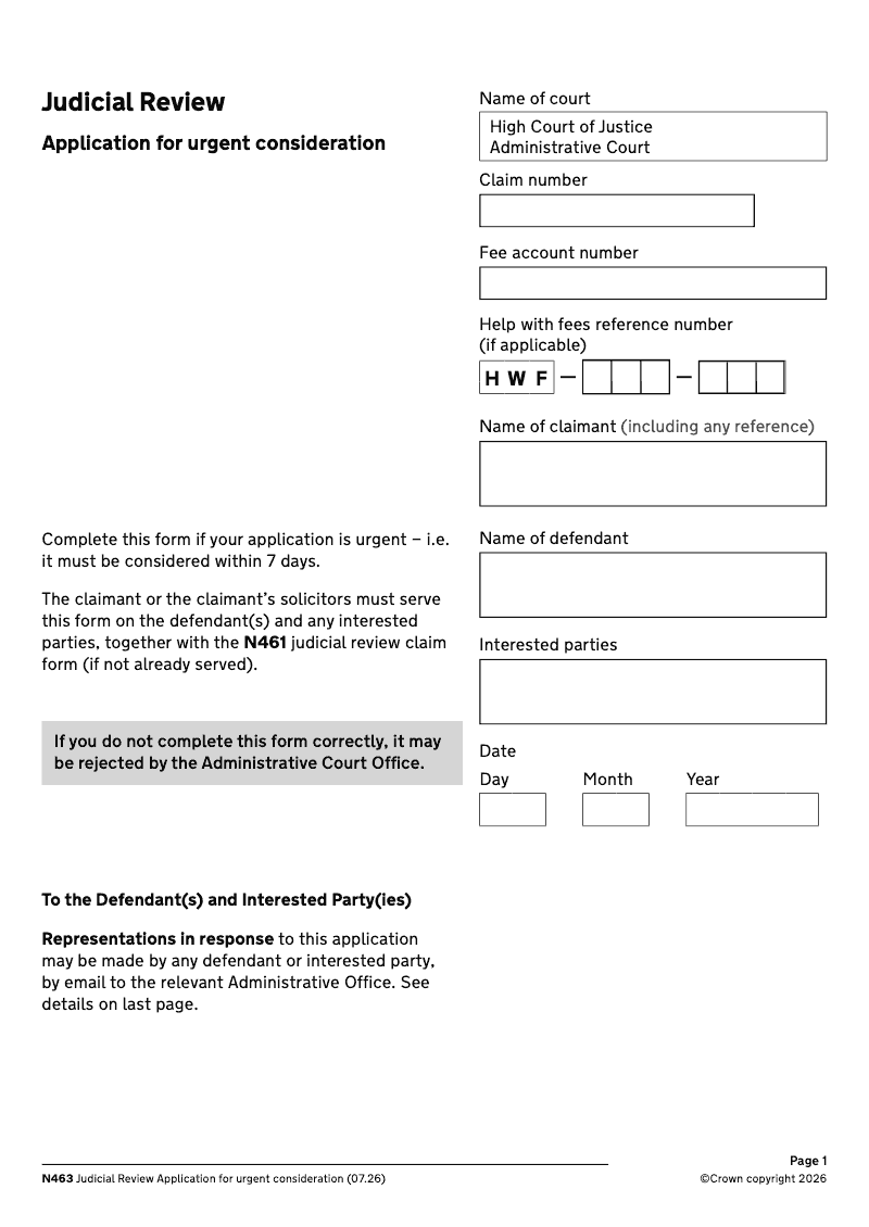 N463 Application for urgent consideration Judicial Review preview