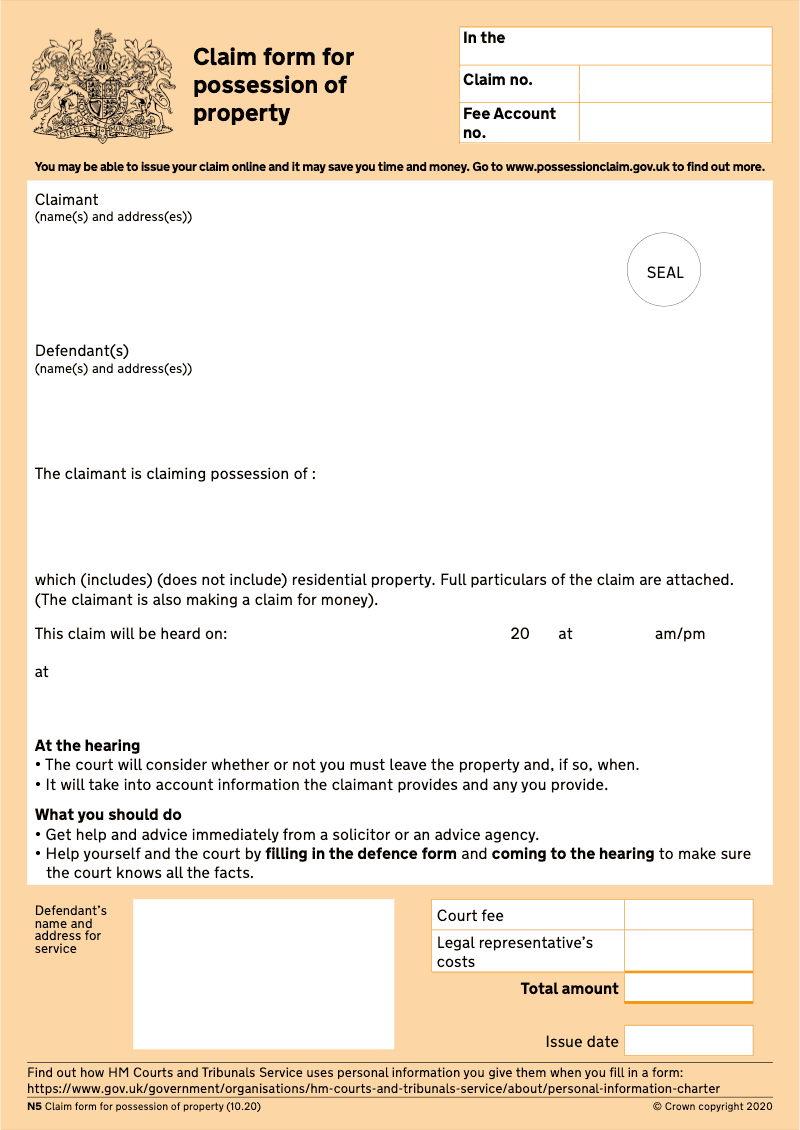 N5 Claim for possession of property preview