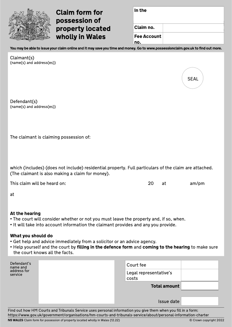 N5 Wales Claim form for possession of property located wholly in Wales electronic signature available preview