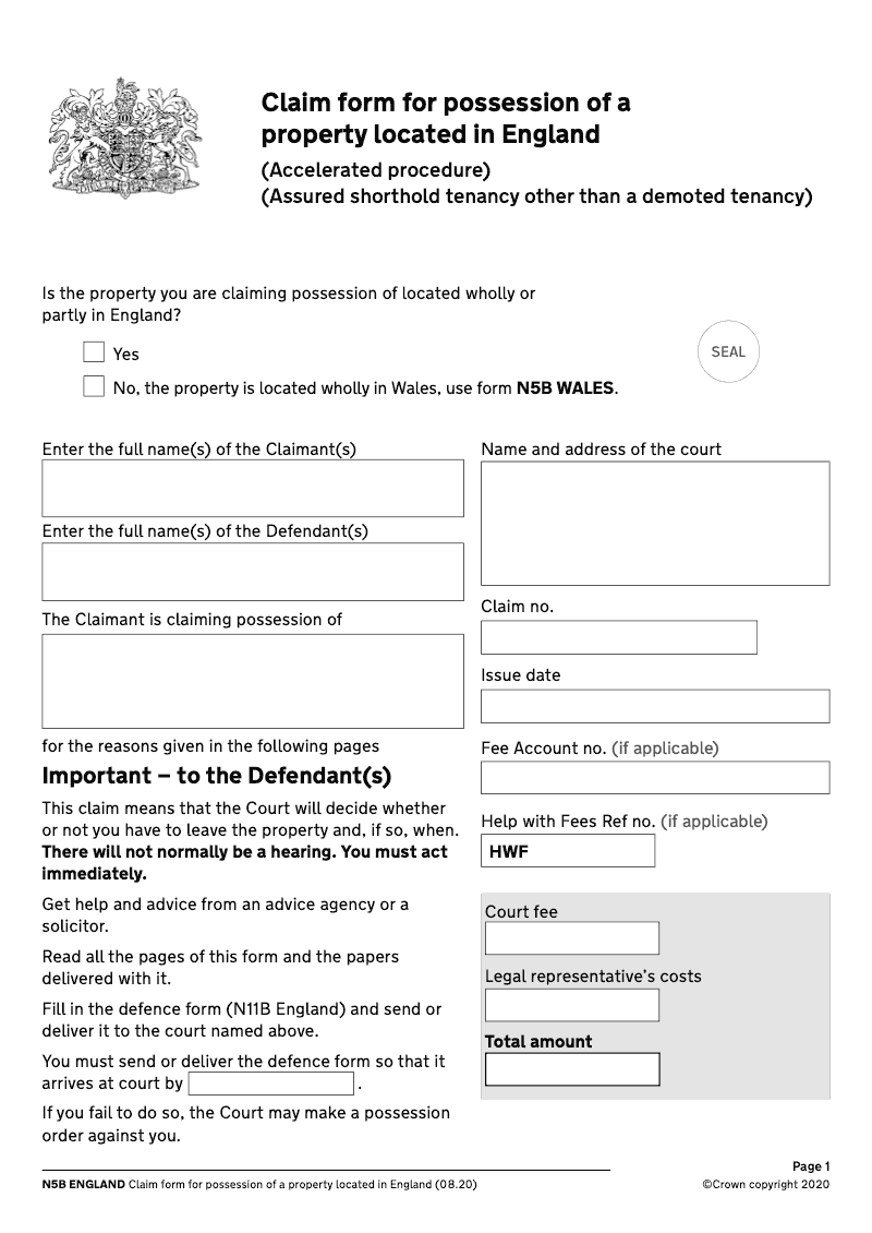 N5B England Claim form for possession of property located in England accelerated procedure assured shorthold tenancy preview