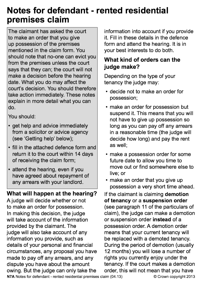 N7A Notes for defendant rented residential premises claim preview