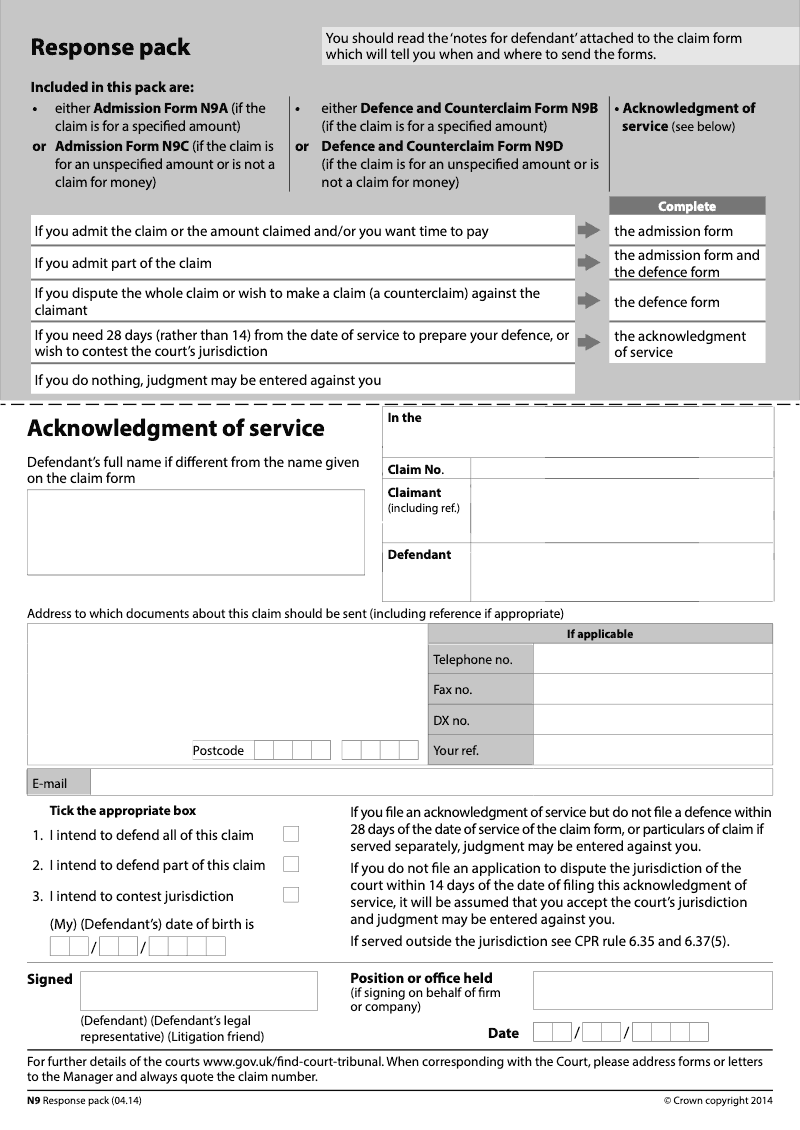 N9 Acknowledgment of service Response pack preview