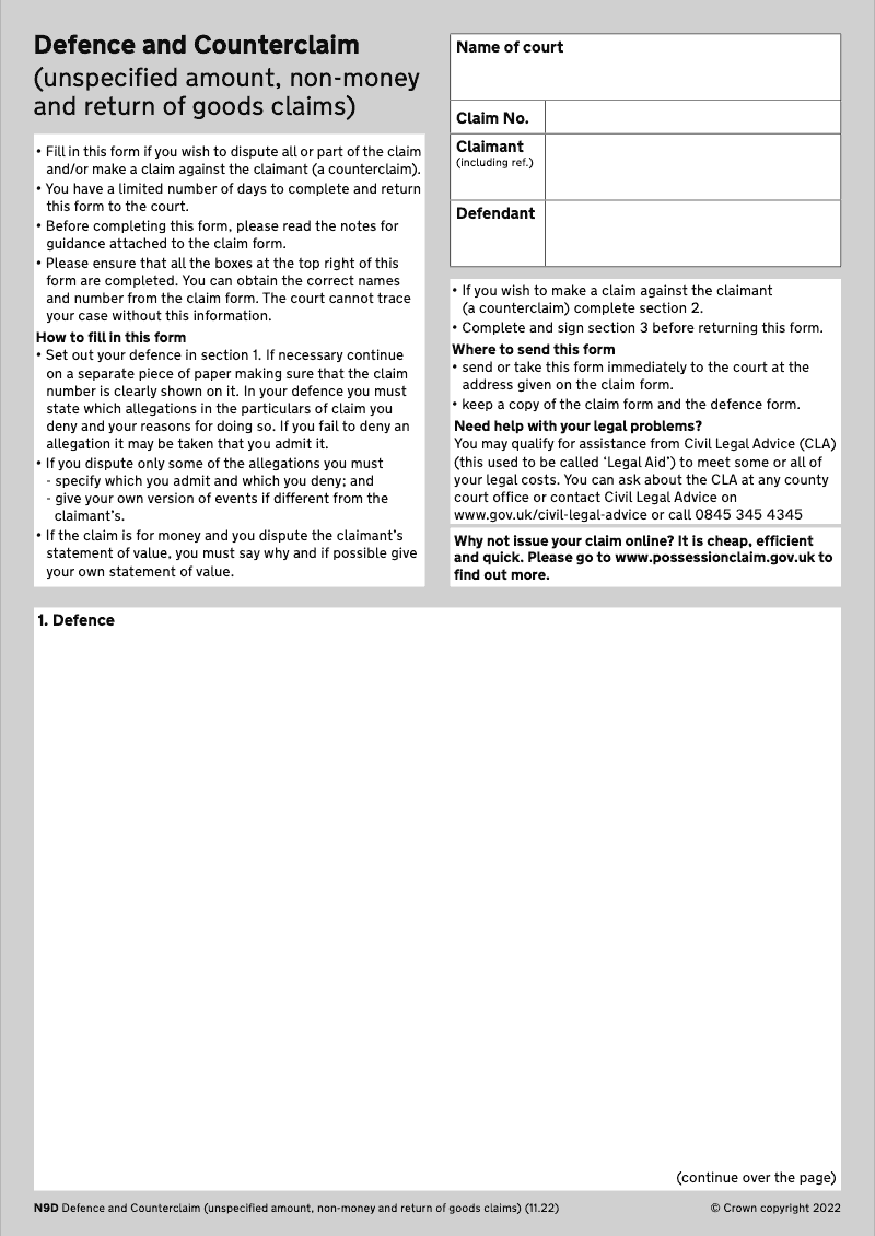 N9D Defence and Counterclaim unspecified amount non money and return of goods claims preview